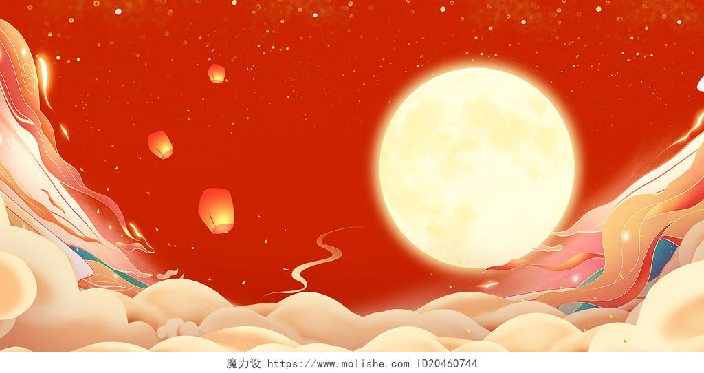 月亮展板背景红色国潮祥云月亮孔明灯展板背景